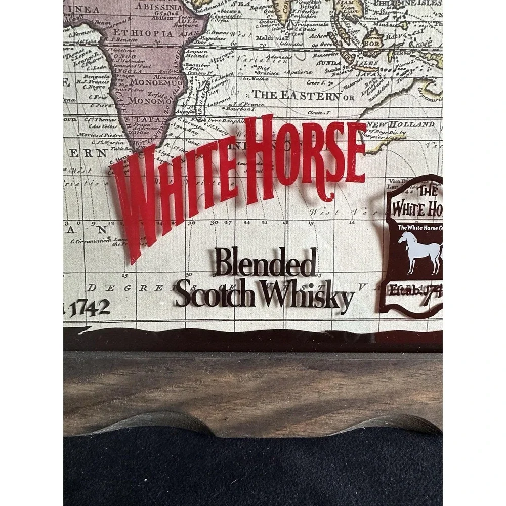 VTG White Horse Whiskey 1742 World Map Bar Wall Hanging Distillery Wood Frame‎